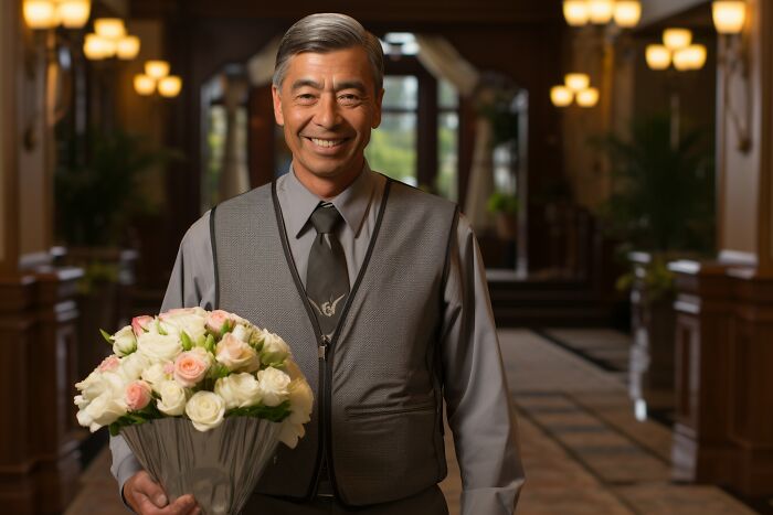 Smiling man holding a bouquet of flowers in a warmly lit hallway, representing attending multiple weddings. - 2