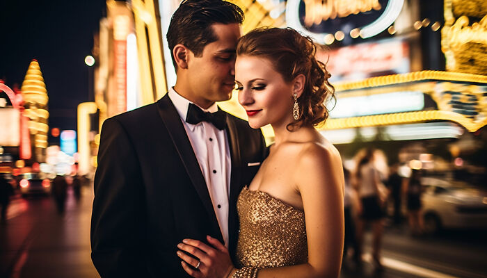 Couple dressed elegantly in evening wear at a lively city wedding celebration with bright lights and blurred background. - 24