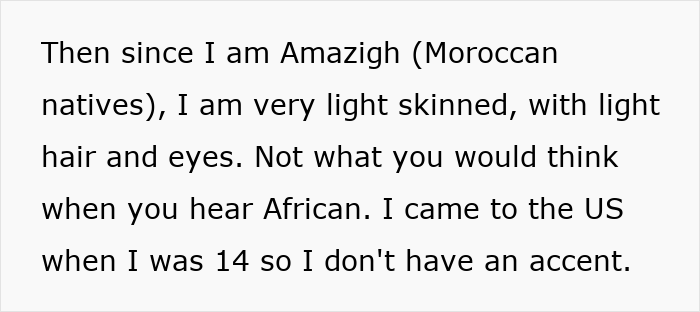 Text excerpt discussing an Amazigh Moroccan with light skin, hair, and eyes sharing their background and experience.