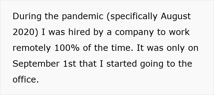 Text about working remotely during the pandemic and switching to office in September 2020 highlighting coworker Islamophobic behavior.