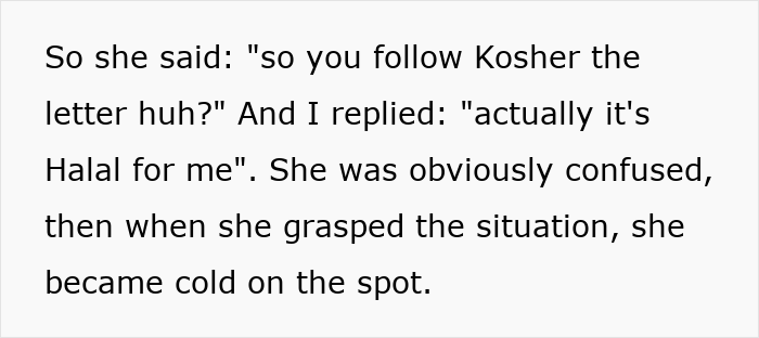 Text on white background describing a woman switching up her friendly act after realizing coworker is Muslim, showing blatant Islamophobia.