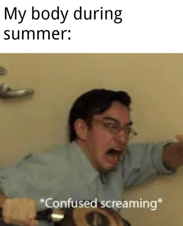 Man with glasses screaming in confusion indoors, humorously representing how the body feels in funny summer memes.