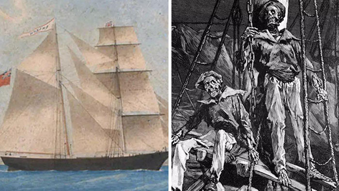 Old ship sailing on the sea alongside a drawing of skeletal sailors, illustrating interesting mysteries that still baffle people.