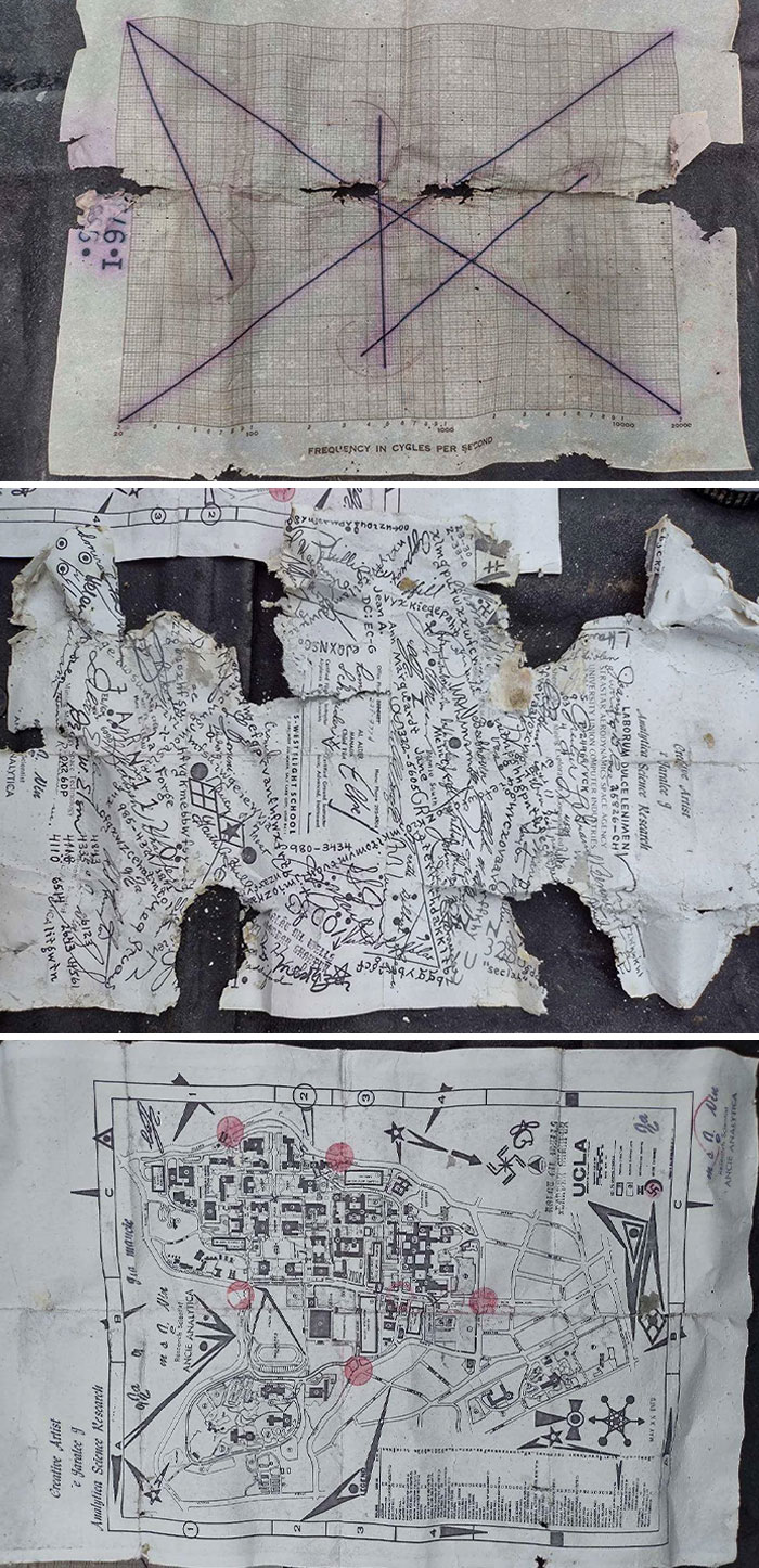 Worn and damaged mysterious papers including coded language, a frequency chart, and a detailed map with unexplained symbols.