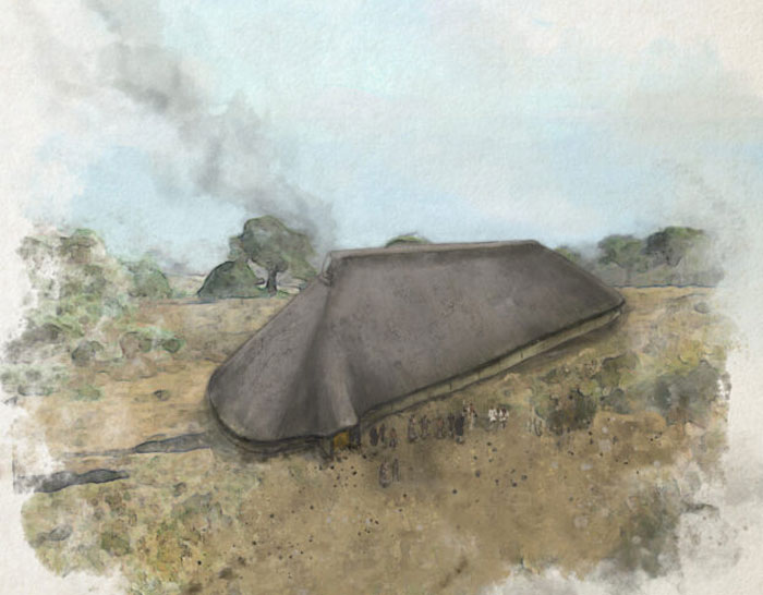 A digital reconstruction of Neolithic halls under a Scottish school showcasing groundbreaking archaeological discovery.