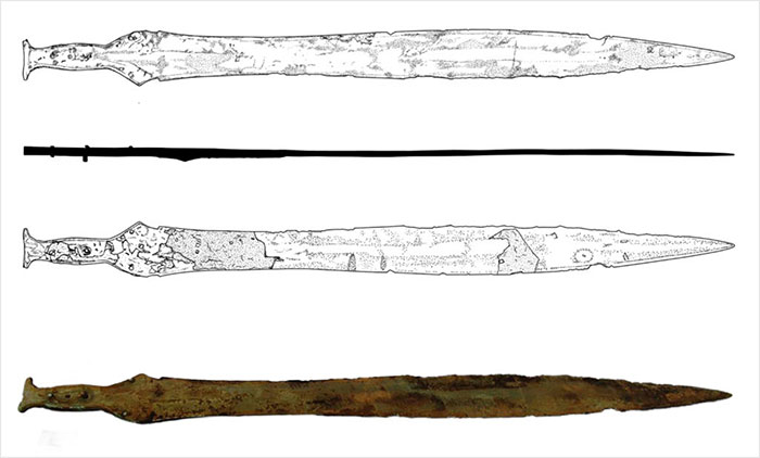 Ancient Neolithic sword discovered under Scottish school linked to halls older than Stonehenge shown in detailed sketches and photograph.