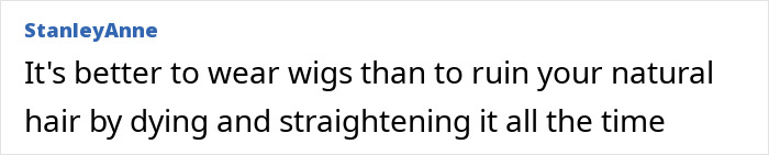 User comment about wigs and natural hair in black text on a white background discussing wearing wigs versus natural hair care.