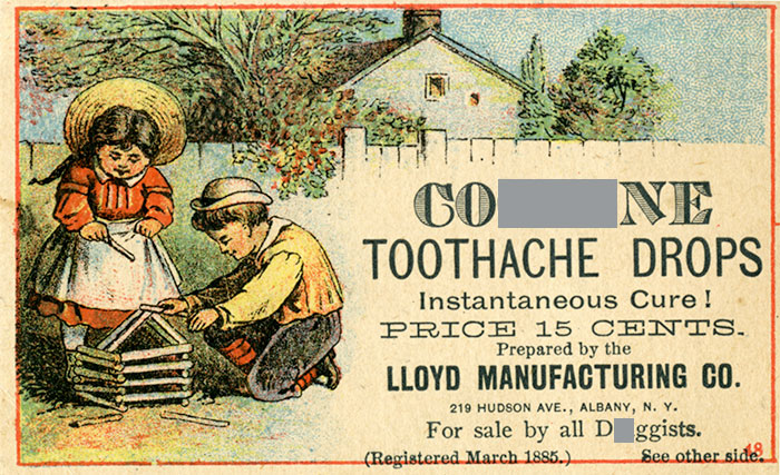 Vintage advertisement for unsettling medical device toothache drops from the past, highlighting early remedies and treatments.