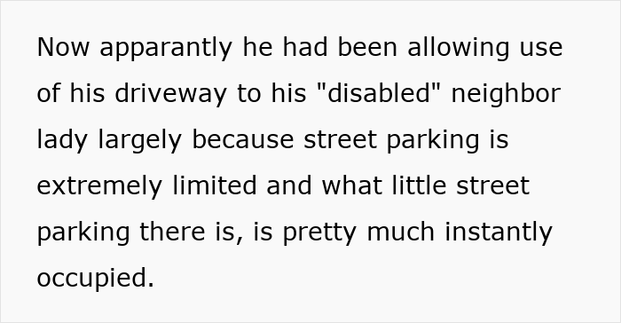 Text excerpt discussing a disabled woman using her neighbor&rsquo;s driveway due to limited street parking availability.