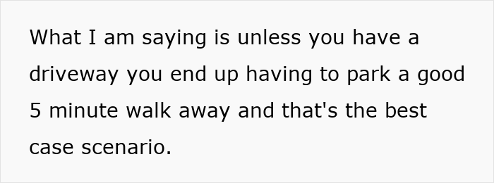 Text image explaining the inconvenience of not having a driveway and needing to park far away, related to a disabled woman and driveway dispute.