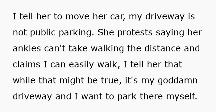 Text about a disabled woman refusing to move car from neighbor&rsquo;s driveway, causing a dispute over parking rights.