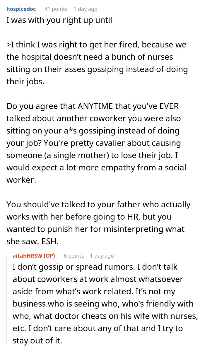 Commenters debating if getting a new nurse fired for falsely accusing a coworker of an affair was justified. Commenters debating if getting a new nurse fired for falsely accusing a coworker of an affair was justified.