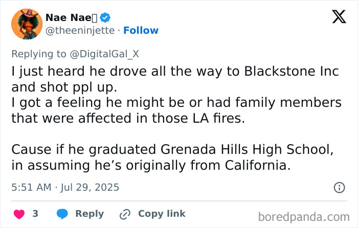 Tweet discussing a potential motive linked to LA fires for the man responsible for the Manhattan massacre, mentioning family impact. - 13