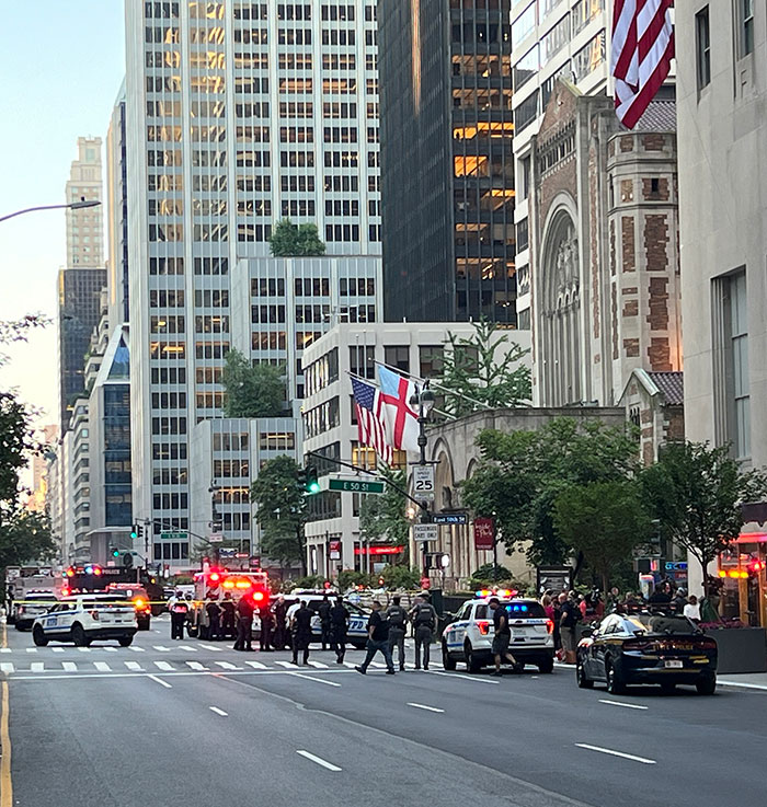 Police vehicles and officers gathered on a Manhattan street during investigation of massacre, chilling note found with suspect. - 1