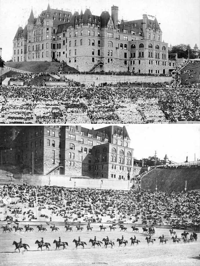 Black and white photos of old architecture featuring a large historic building overlooking a crowded stadium with horse riders.