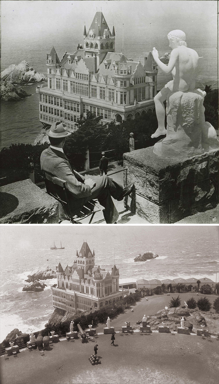Vintage photos showing old architecture of a grand seaside castle with detailed turrets and statues overlooking the ocean.