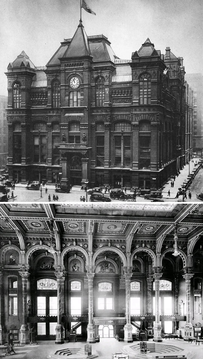 Historic old architecture exterior of a grand building with clock tower and intricate interior arches and ornate ceiling details.