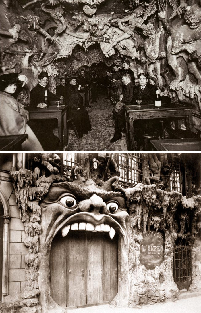 Vintage photos of old architecture featuring unique cave-like interior and monstrous facade entrance of a historic building.