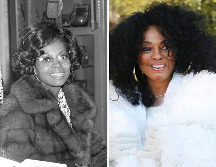 African American female celebrity in her 20s wearing glasses and fur coat compared to now with curly hair, showcasing older celebs look.