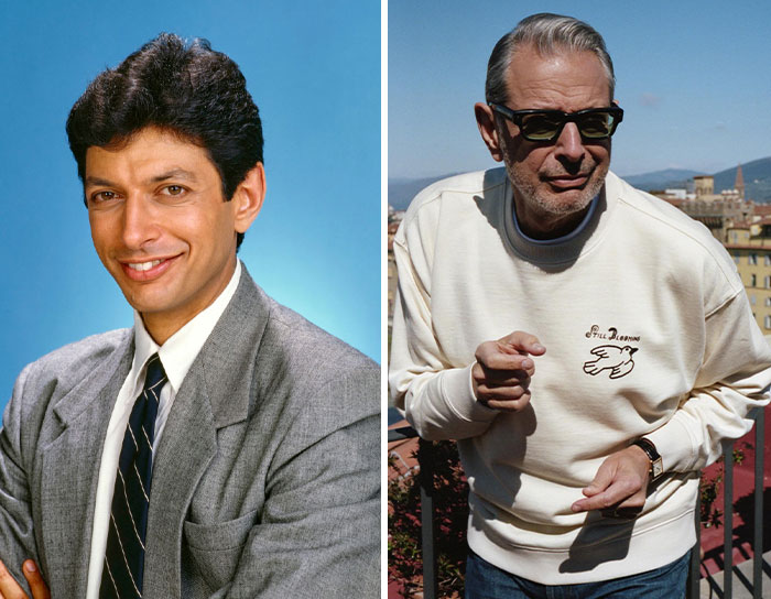 Split image showing an older celeb in a suit in his 20s on the left and the same older celeb wearing sunglasses and casual clothes now.