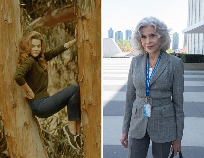 Older female celebrity posing in her 20s outdoors and in a modern setting, showing a comparison of older celebs now.