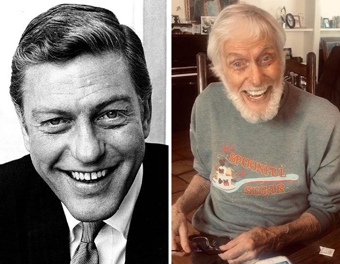 Comparison of an older celeb in his 20s with a smiling senior version wearing a Spoonful of Sugar sweatshirt at home.