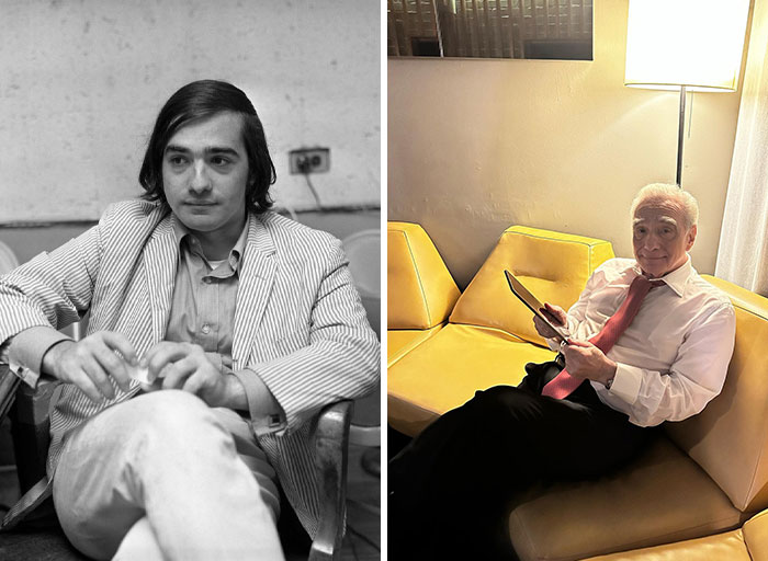 Side-by-side images of an older male celeb in his 20s and now, illustrating changes in older celebs over time.