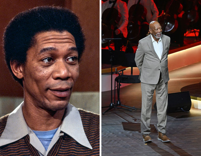 Morgan Freeman younger and older side by side, illustrating older celebs look in their 20s compared to now.