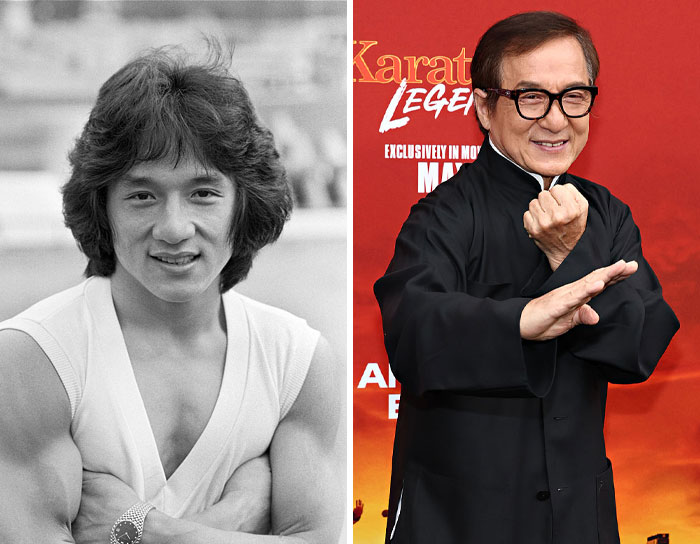 Split image showing an older celeb in black and white in his 20s and the same celeb older in a martial arts pose.