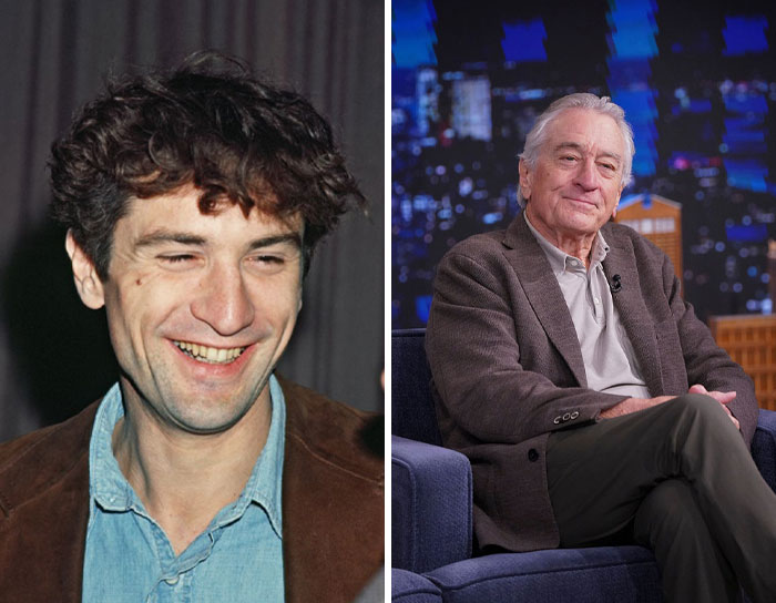 Side-by-side comparison of an older celeb in their 20s and now, highlighting changes in appearance over time.