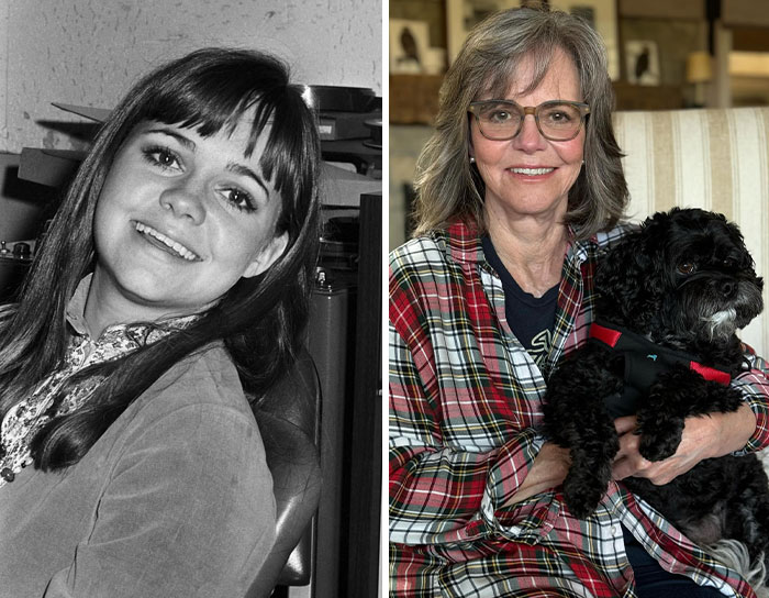 Side-by-side images of an older female celeb with glasses holding a dog, and her younger self smiling in a black and white photo.