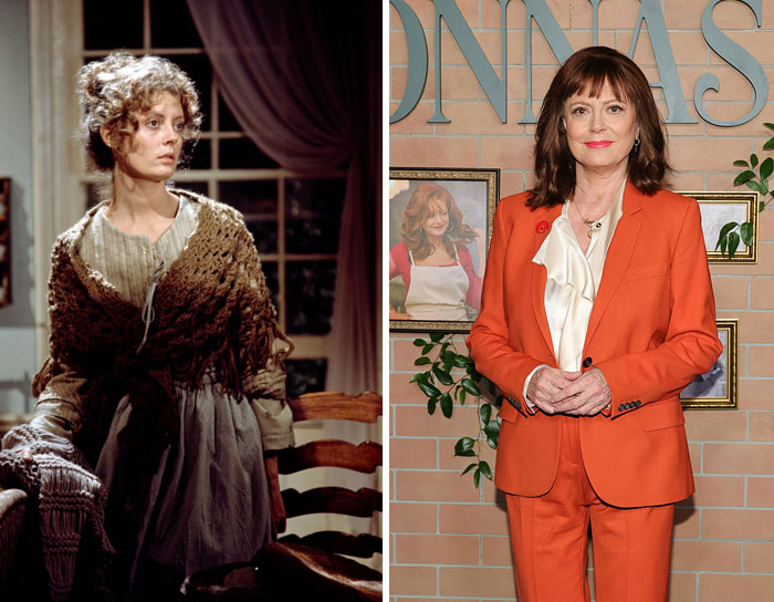 Susan Sarandon side-by-side photos showing older celebs look in their 20s and present at an event wearing an orange suit.