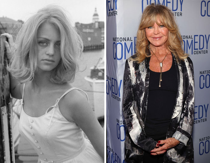 Side by side images of an older celeb in her 20s and now, showing changes over time in appearance.