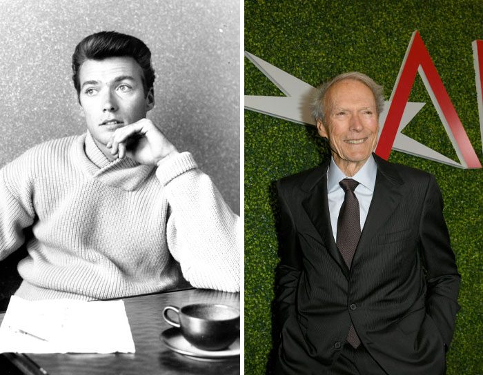 Split image of an older male celebrity in his 20s wearing a sweater and now in a suit at a red carpet event, showing older celebs.
