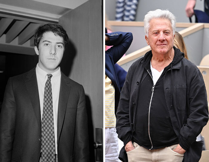 Side-by-side images of an older celeb in a suit in his 20s and casually dressed now showing aging in older celebs comparison.