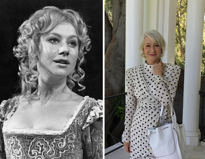 Side by side photos of an older celeb in her 20s and now, showcasing changes in appearance over time.