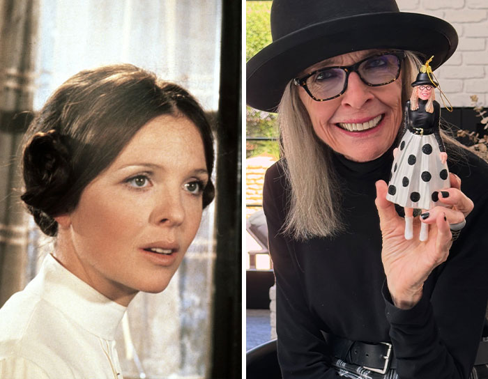 Side-by-side portraits of an older celeb in her 20s and now, showcasing changes in appearance over time.