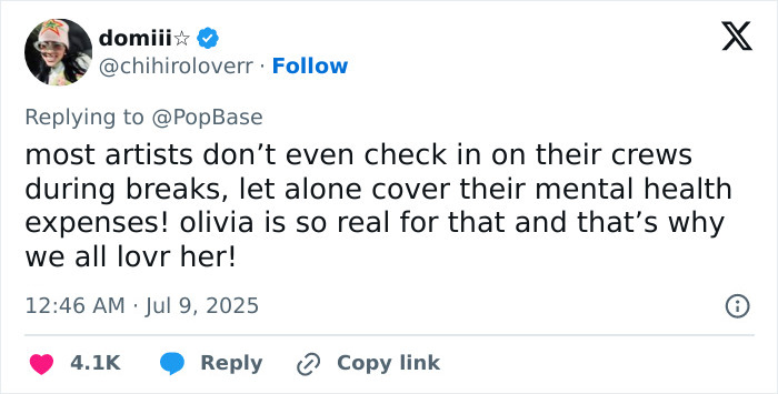 Screenshot of a tweet praising Olivia Rodrigo’s caring gesture for her crew’s mental health and support during breaks. Screenshot of a tweet praising Olivia Rodrigo’s caring gesture for her crew’s mental health and support during breaks.