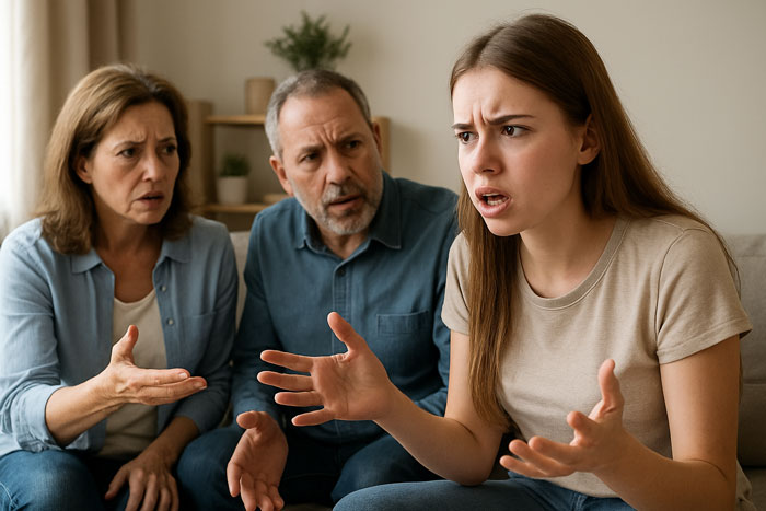 Teenage girl arguing with parents indoors, illustrating struggles with toxic parents and desire to leave home. Teenage girl arguing with parents indoors, illustrating struggles with toxic parents and desire to leave home.