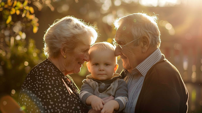 Elderly in-laws happily holding baby outdoors, highlighting overprotective mom's concern about family helping with baby care.