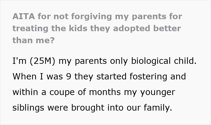 Text post about parents treating biological son poorly while favoring adopted kids and asking for forgiveness without apologizing. - 2