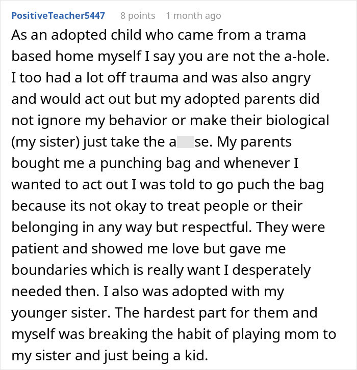Comment discussing adopted child experiences and parents favoring biological kids while lacking proper apology or forgiveness efforts. - 48