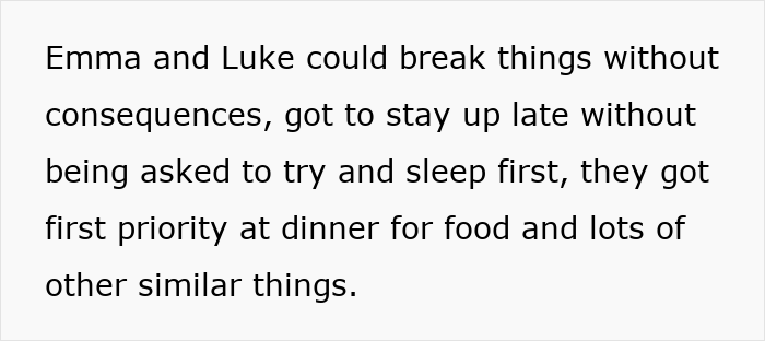 Text describing unequal treatment by parents favoring adopted kids over their biological son without genuine apology. - 5
