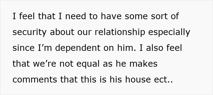 Text excerpt about a guy refusing to add the mother of his child to house deeds, causing relationship insecurity.