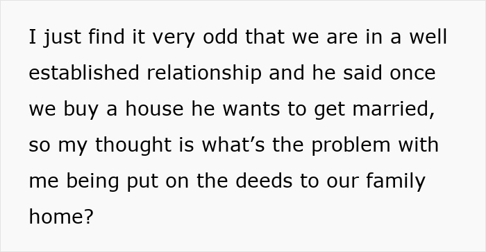 Text on white background about a guy planning marriage but not adding mother of his child to new house deeds.