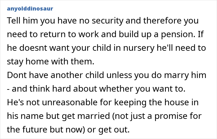 Comment discussing a guy who won&rsquo;t add the mother of his child to new house deeds despite planning marriage.