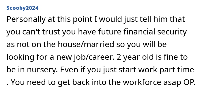 Screenshot of online comment advising to warn guy about financial risks of not adding mother to house deeds despite plans to marry.
