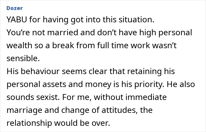 Comment discussing a guy who won&rsquo;t add the mother of his child to new house deeds despite planning marriage.