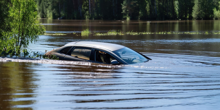 Car partially submerged in floodwater near trees, illustrating a scene related to dead bodies and terrifying details.