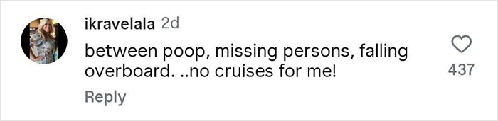 Screenshot of a social media comment reacting to a cruise incident involving a passenger flipping over an infinity pool edge.